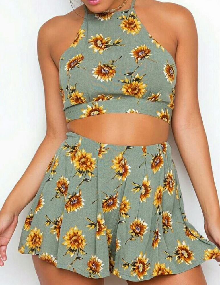 New 2 piece sunflower high waist and crop top